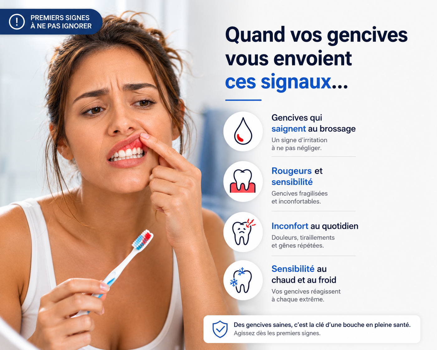 Les premiers signes à ne pas ignorer : gencives qui saignent, rougeurs, inconfort et sensibilité